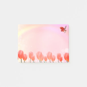 Korallenrosa Tulpenblüten und Kardinalvogel auf Ro Post-it Klebezettel