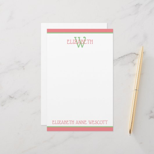 Korallenrosa und grüne Monogramm Briefpapier (Vorderseite/Rückseite Beispiel)
