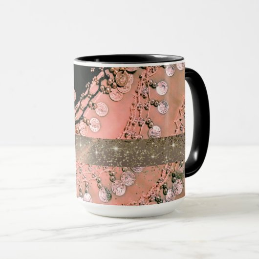 Korallenrosa und schwarze Glitzer Münzen Personali Tasse (VorderseiteRechts)