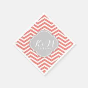 Korallenrosa und Weiß Zickzack mit Monogramm Serviette