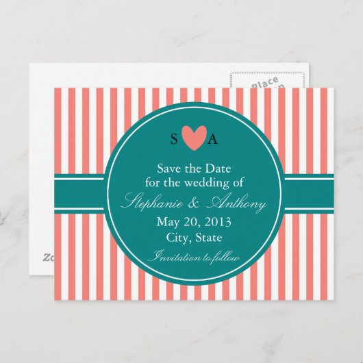 Korallenrosa und weiße Streifen, Save the Date Aqu Ankündigungspostkarte (Vorne/Hinten)