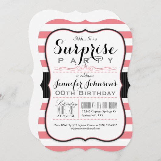 Korallenrosa und weiße Streifen Überraschendes Par Einladung (Vorne/Hinten)