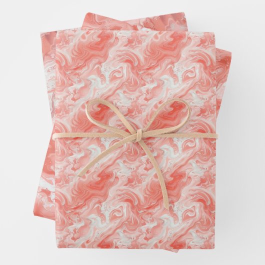 Korallenrosa und weißes, marmorähnliches Fließmust Geschenkpapier Set (Beispiel)