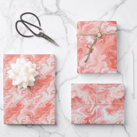 Korallenrosa und weißes, marmorähnliches Fließmust Geschenkpapier Set (Vorderseite)