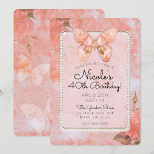 Korallenrosa Vintage Schmetterling Rose Geburtstag Einladung