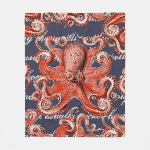 Korallenrosa Vintage Tintenfisch-Meereskreatur Fleecedecke