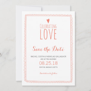 Korallenrosa, weißer Doodle Save the Date Einladung