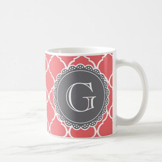 Korallenrost Lattice Muster Grau Monogram Kaffeetasse (Rechts)