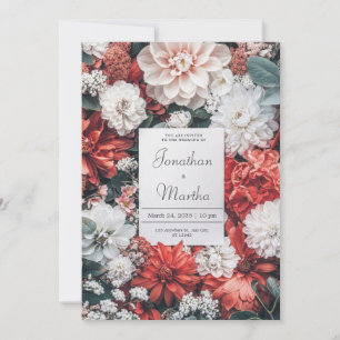 Korallenrost Weiße Dahlie Florales Herbsthochzeit Einladung