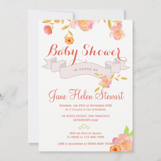 Korallenrot Aquarellbänder Babydusche Einladung (Vorderseite)