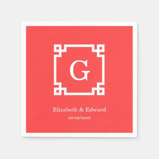 Korallenrot mit griechischem Schlüsselrahmen #2 An Serviette (Vorderseite)