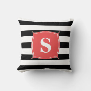 Korallenrot & Schwarz gestreift mit Monogramm   Ki Kissen