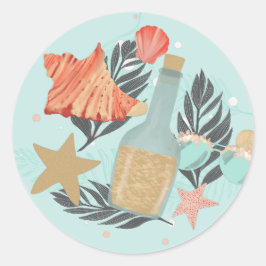 Korallenrot und Mint Beach Flasche und Muscheln Runder Aufkleber