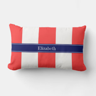 Korallenrot, weiße XL Streifen, Monogramm Navy 5c Lendenkissen