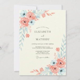 Korallenrote Aqua-Blüten-Hochzeit Einladung