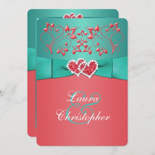 Korallenrote aquamarine verbindende Blumenherzen, Einladung (Vorne/Hinten)