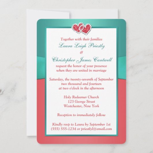 Korallenrote aquamarine verbindende Blumenherzen, Einladung (Rückseite)