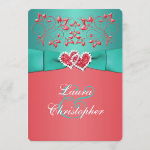 Korallenrote aquamarine verbindende Blumenherzen, Einladung