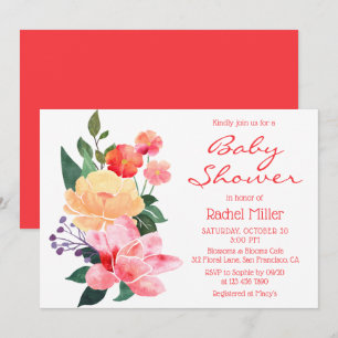 Korallenrote Aquarell-Blumen-Baby-Party Einladung