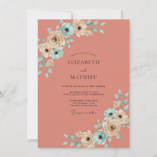 Korallenrote bemalte Petal-Hochzeit Einladung