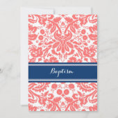Korallenrote blaue Damast-Taufe-Einladung Einladung (Vorderseite)