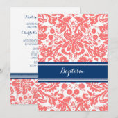 Korallenrote blaue Damast-Taufe-Einladung Einladung (Vorne/Hinten)