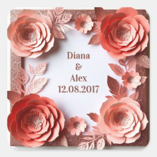 💍 Korallenrote Blumenhochzeit mit goldenen Glitte Quadratischer Aufkleber