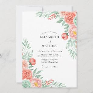 Korallenrote Florale Romantische Hochzeit Einladung