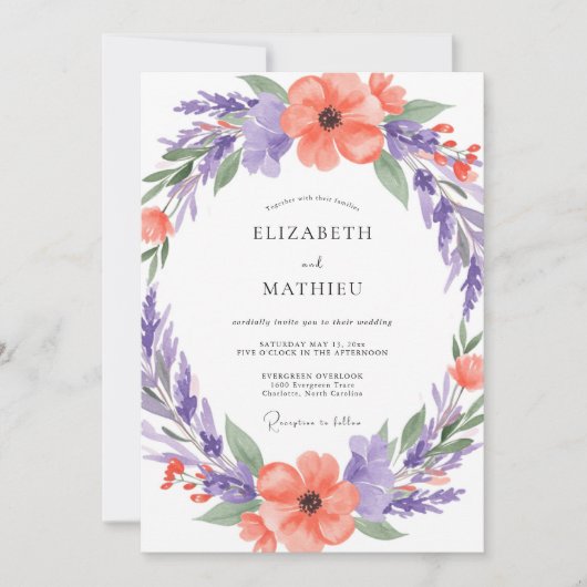 Korallenrote künstlerische Blütenhochzeit Einladung (Vorderseite)