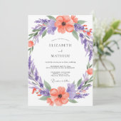 Korallenrote künstlerische Blütenhochzeit Einladung (Stehend Vorderseite)