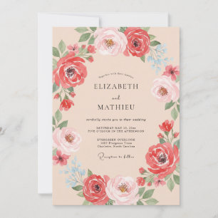 Korallenrote lebendige Floral Romance-Hochzeit Einladung