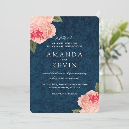 Korallenrote Pfingstrosen und Einladung (Stehend Vorderseite)