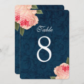Korallenrote Pfingstrosen und Marine-Tischnummern Einladung (Vorne/Hinten)