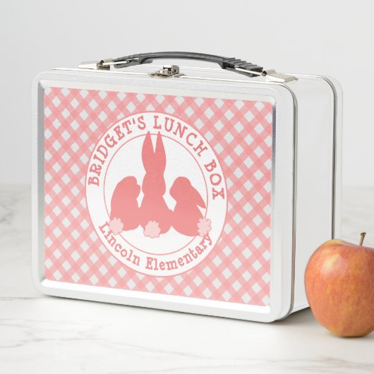 Korallenrote rosa Häschen u. Gingham-Muster Metall Brotdose (Beispiel)