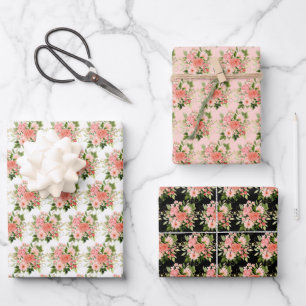 Korallenrote Rosen mit Laub Geschenkpapier Set