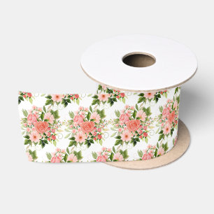 Korallenrote Rosen mit Laub Satinband