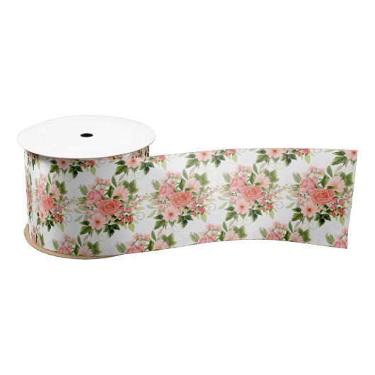 Korallenrote Rosen mit Laub Satinband (Spule)