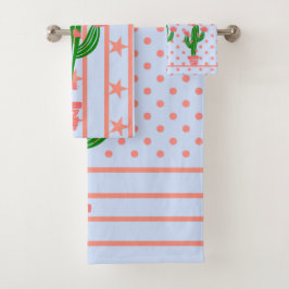 Korallenrote Sterne, Streifen, Tupfen und Kaktus Badhandtuch Set