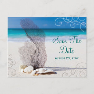 Korallenrote Strand-Save the Date Hochzeit in Ankündigungspostkarte