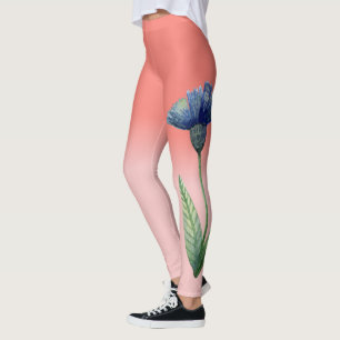 Korallenrote Teerosen-Farbtönung mit blauer Blume Leggings