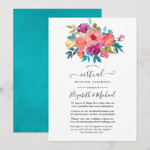 Korallenrote, Türkis- und Violette Blumen Hochzeit Einladung