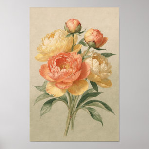 Korallenrote und Buttercreme-Pfingstrosen-Blumenst Poster