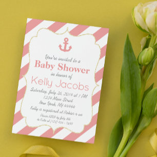 Korallenrote und goldene nautische Babyparty-Einla Einladung