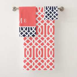 Korallenrote und marineblaue Gitter-Monogramm Badhandtuch Set