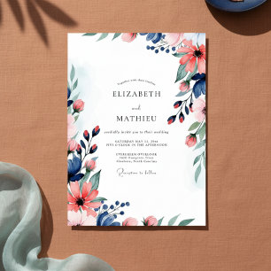 Korallenrote und marineblaue malerische Blumenhoch Einladung