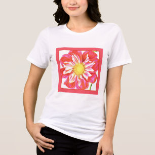 Korallenrote und weiß gestreifte Dahlienprint Tri-Blend Shirt
