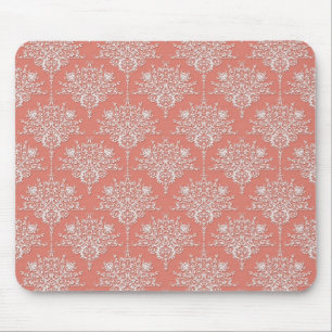 Korallenrote und weiße elegante Blumen-Damaskus Mousepad