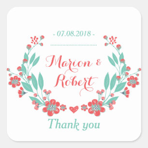 Korallenrote Vintage-Blumen-Hochzeit-Dankeschön-Au Quadratischer Aufkleber