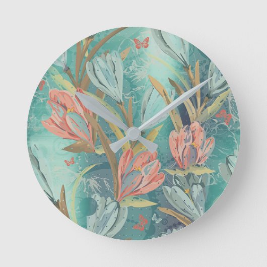 Korallenroter aquamariner BlumenCoffe Runde Wanduhr (Vorderseite)