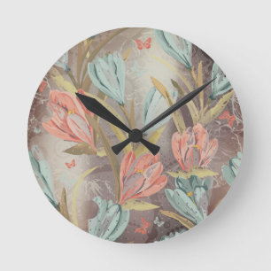 Korallenroter BlumenCoffe blauer Runde Wanduhr